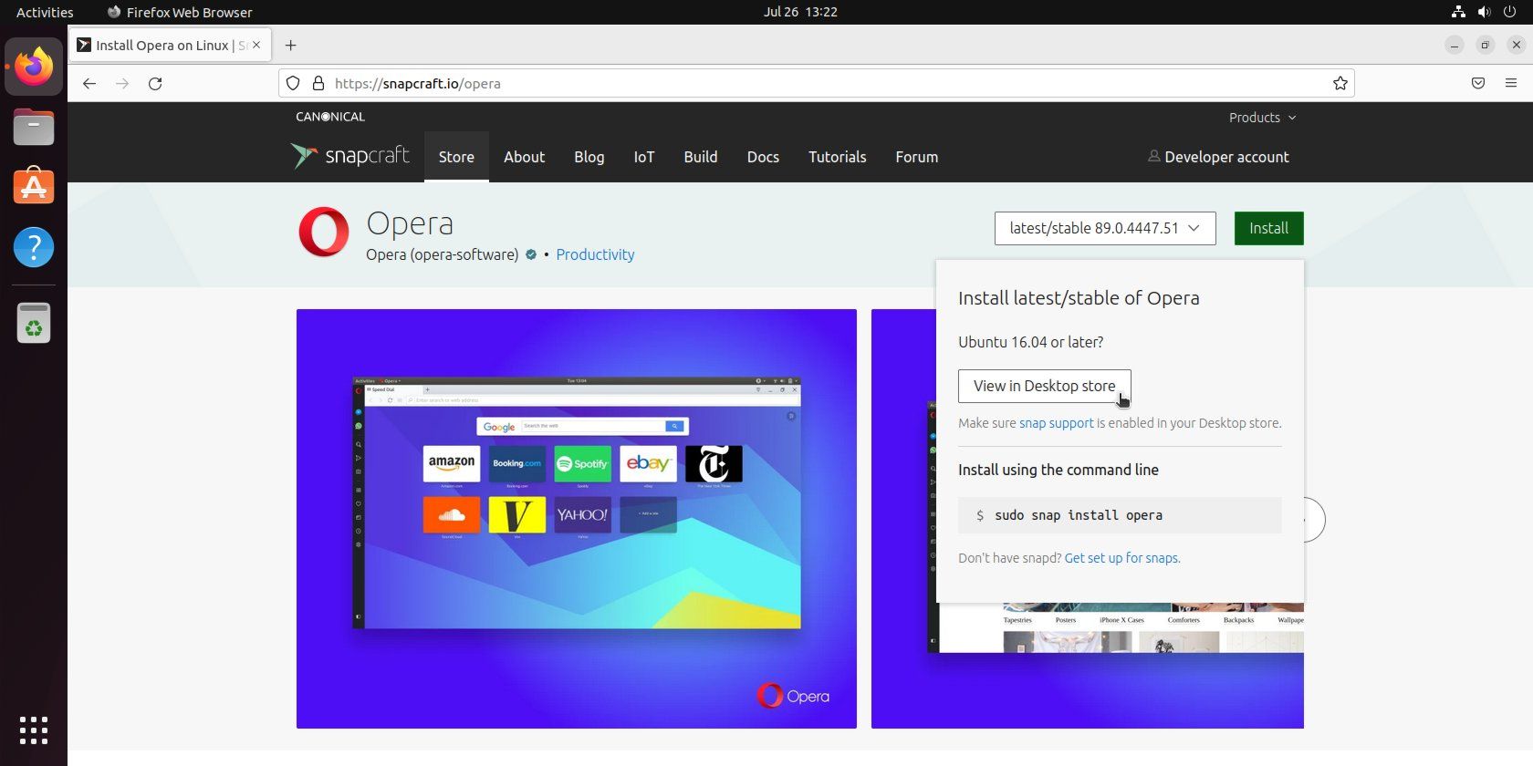 Halaman Opera dari jendela Instal toko Snapcraft.