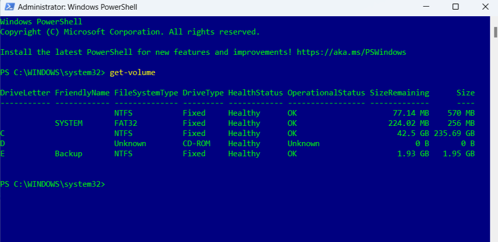 Daftar volume disk di jendela PowerShell