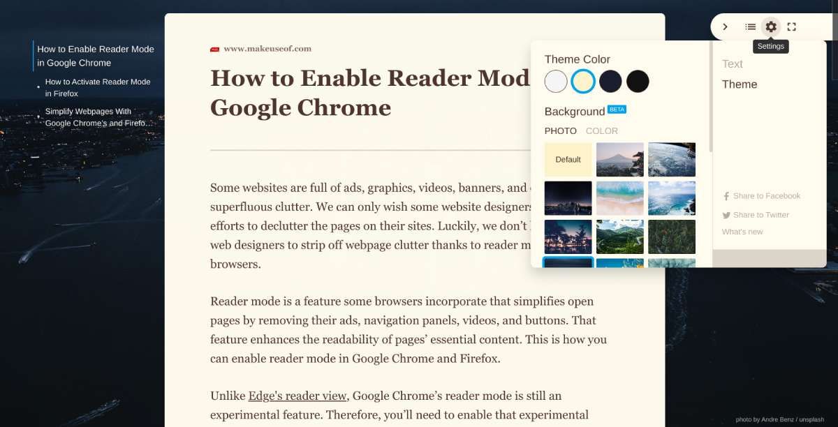 Fika menambahkan Mode Pembaca untuk artikel apa pun di Chrome, dengan Daftar Isi seperti di Kindle, sertalatar belakang foto khusus