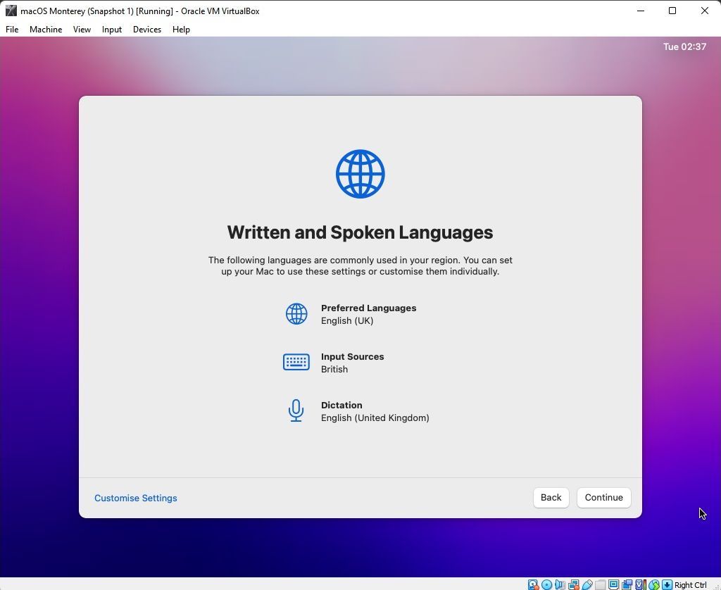 macos monterey mesin virtual virtualbox memilih bahasa