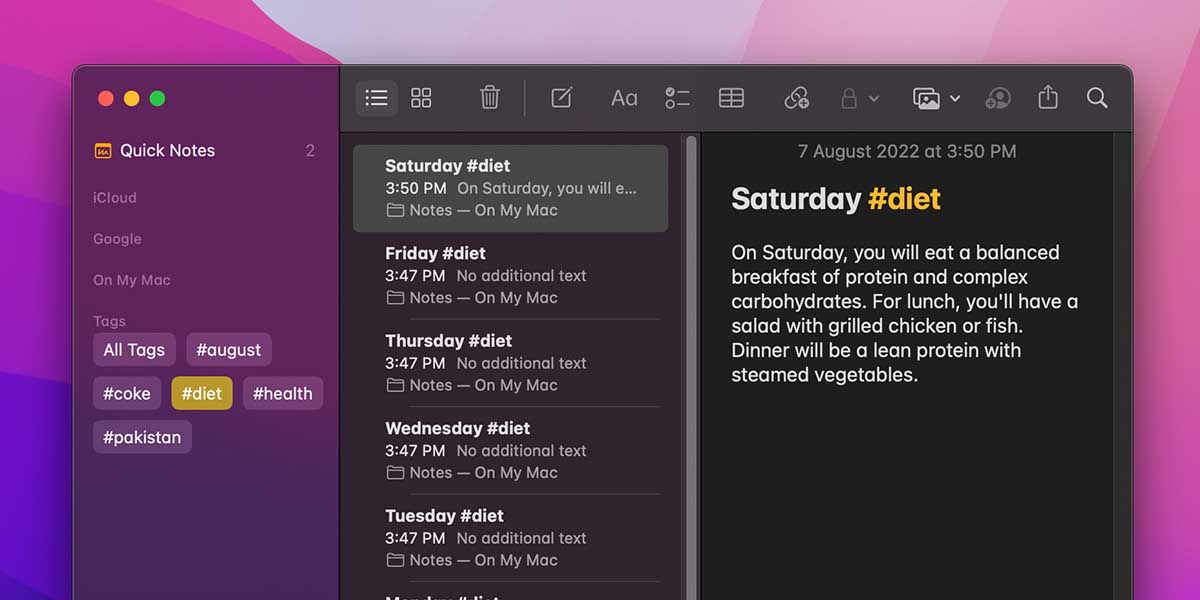 Apple Notes menampilkan semua catatan dengan tag #diet