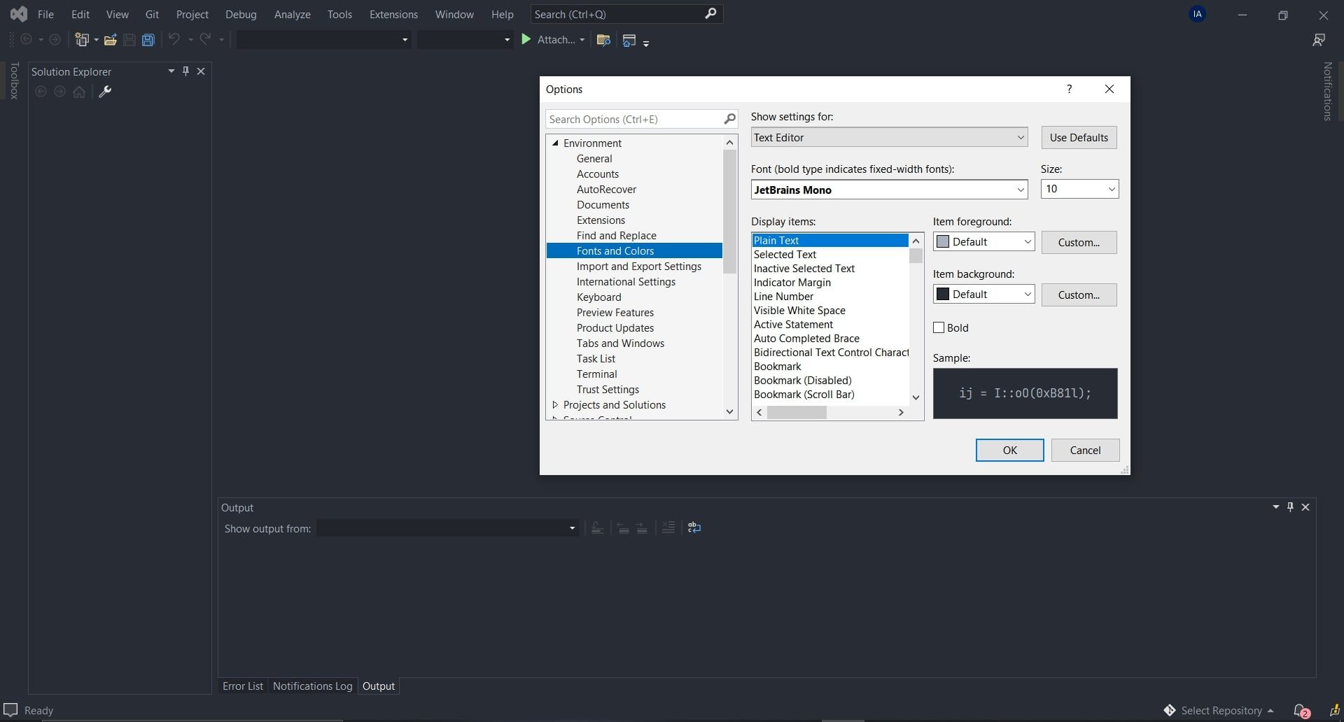 Editor Visual Studio menampilkan pengaturan font.