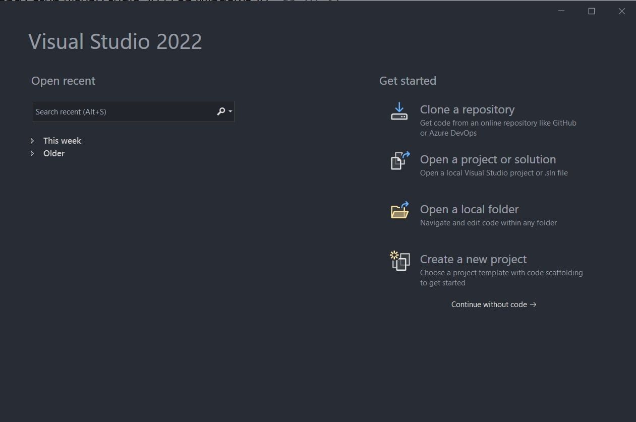 Menu mulai Visual Studio 