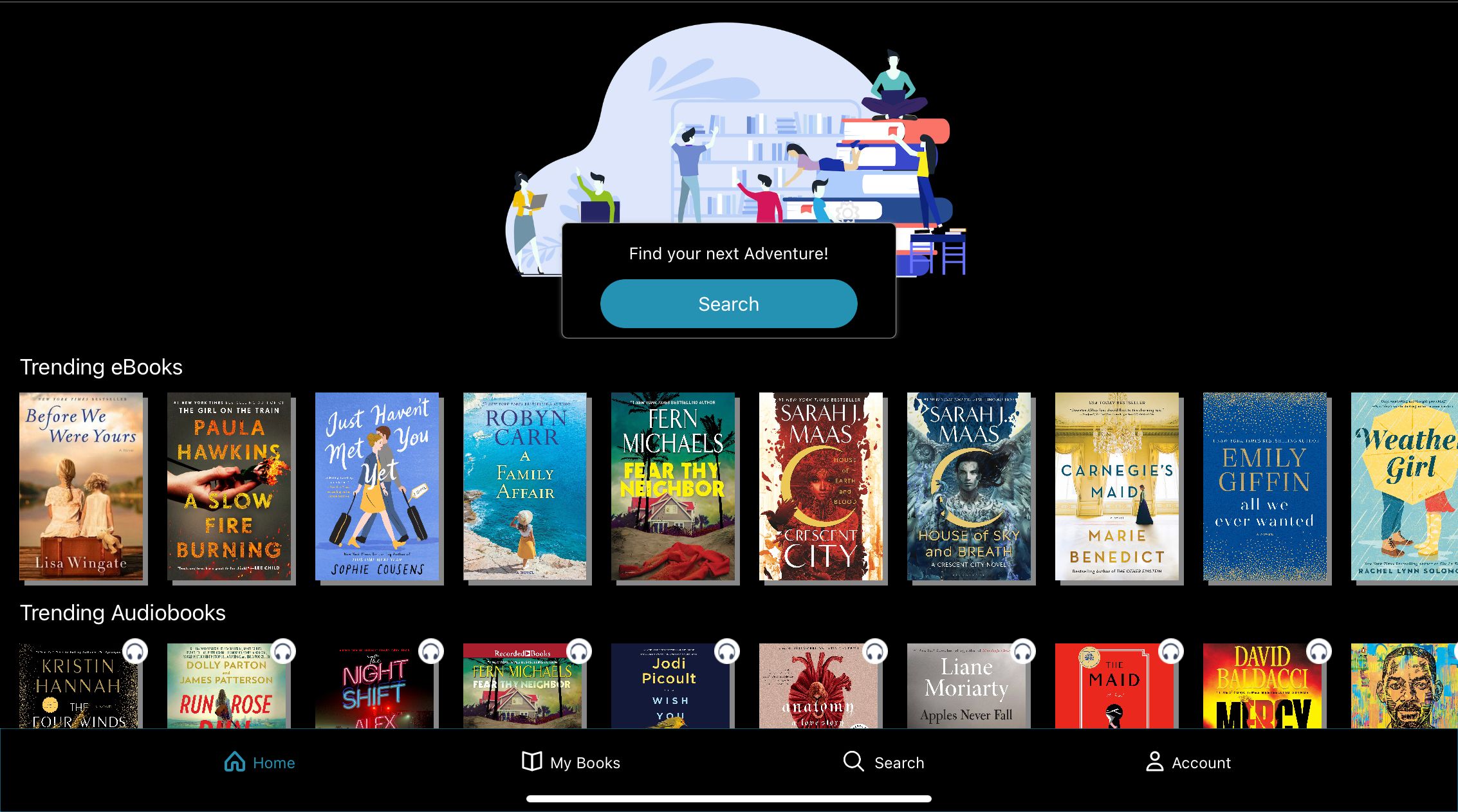 Laman Beranda Perpustakaan Cloud dengan Ebook dan Buku Audio. Teks berbunyi: Temukan petualangan Anda berikutnya! 