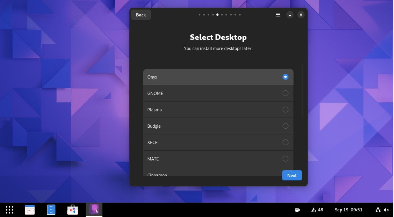 Versi desktop dengan Onyx dipilih di penginstal batu giok