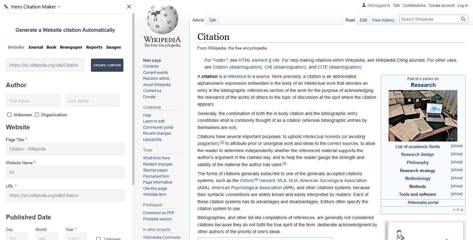Tampilan Layar Firefox Add on Hero Citation Generator Sedang Digunakan