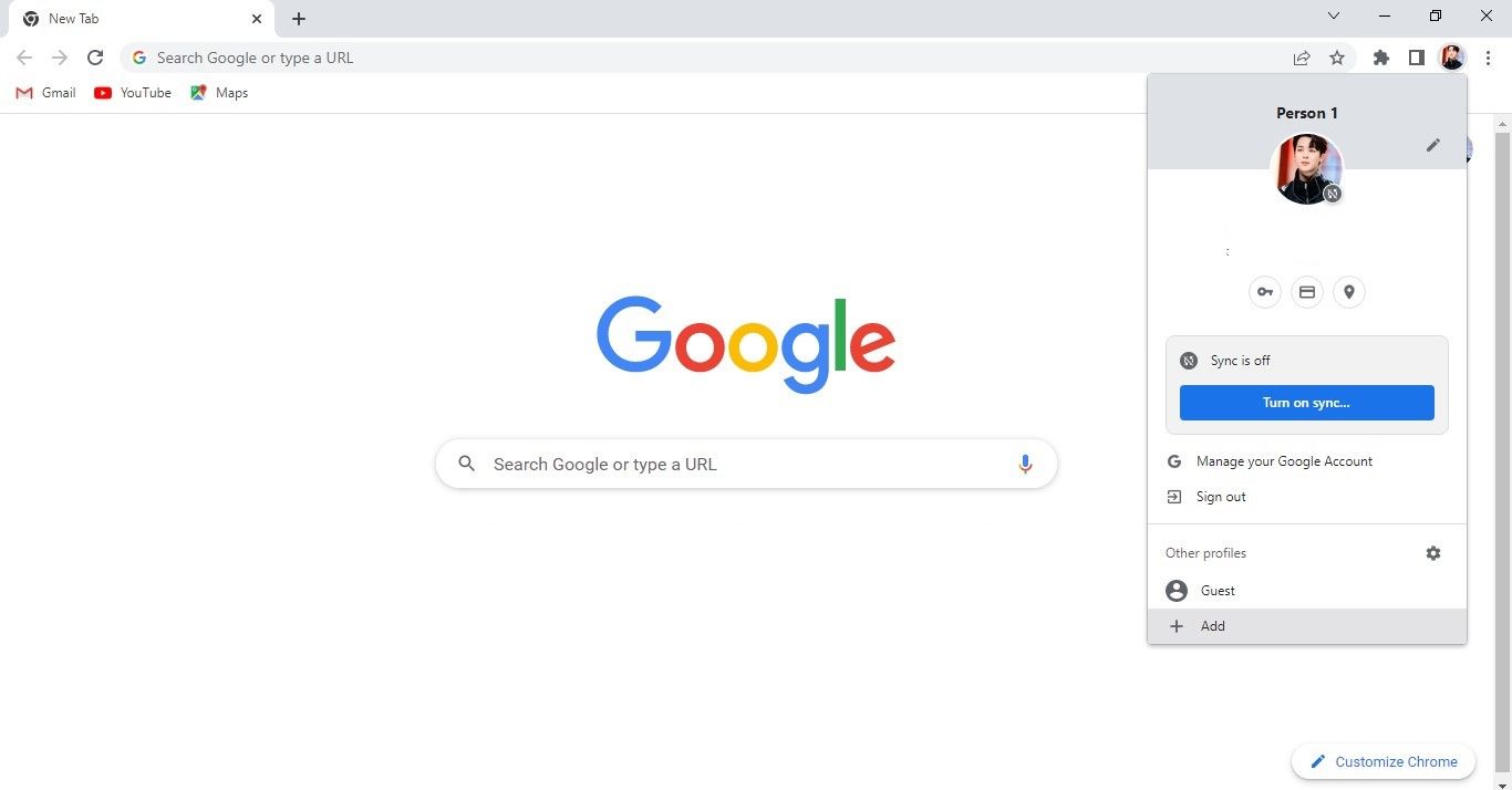 Membuat Profil Chrome Baru dengan Mengklik Tombol Tambah di Menu Dropdown Profil di Chrome