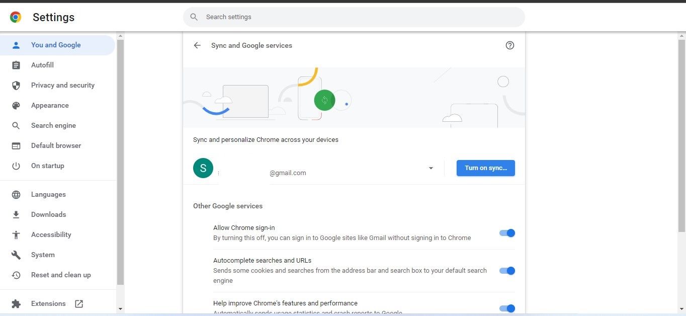 Aktifkan Opsi Sinkronisasi dengan Mengklik Tombol Nyalakan Sinkronisasi di Setelan Chrome