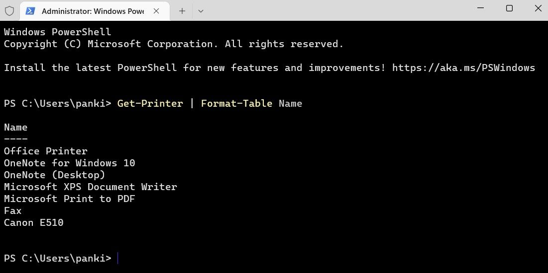 Daftar Printer di Jendela Terminal