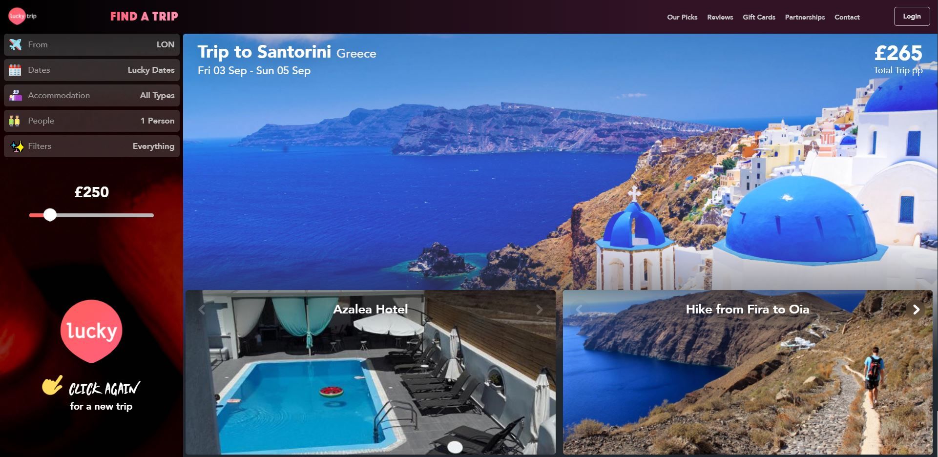 LuckyTrip Santorini Tujuan Deskripsi Layar Ambil