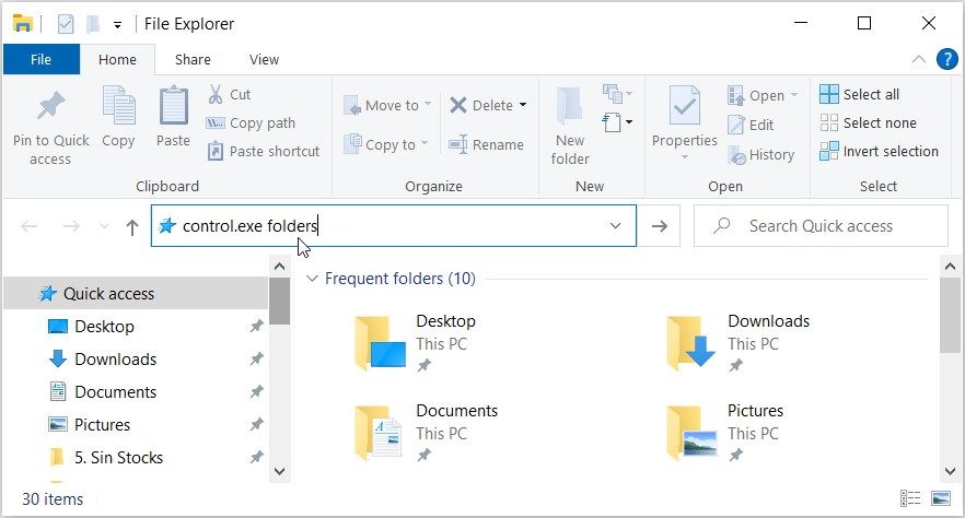 Membuka Opsi Folder menggunakan bilah alamat File Explorer