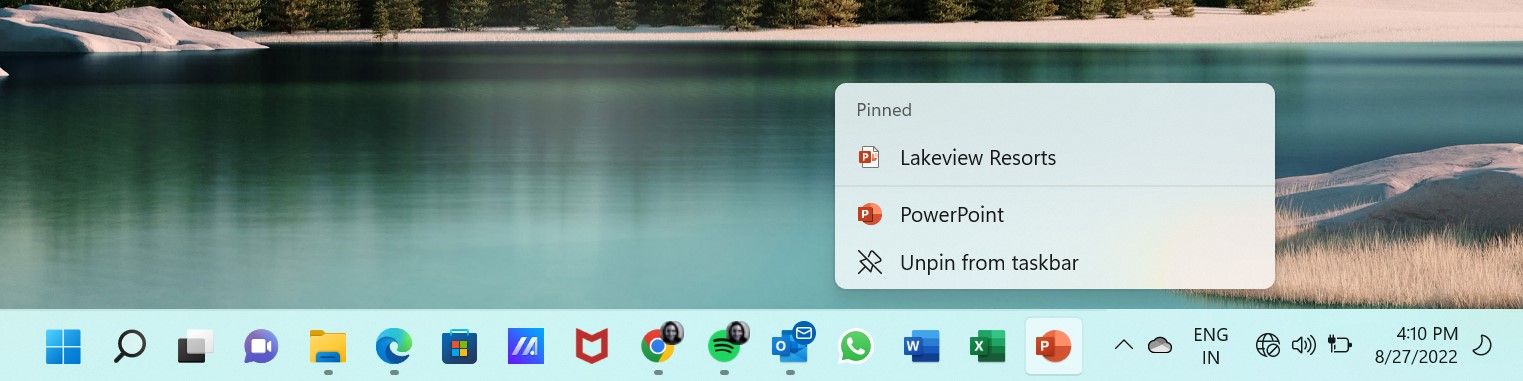 File PowerPoint Disematkan ke Ikon PowerPoint di Taskbar