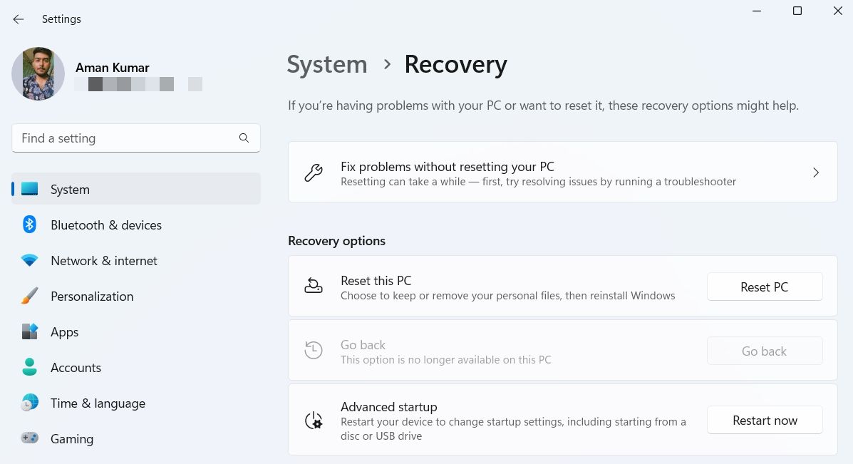 Reset tombol PC di menu Pengaturan