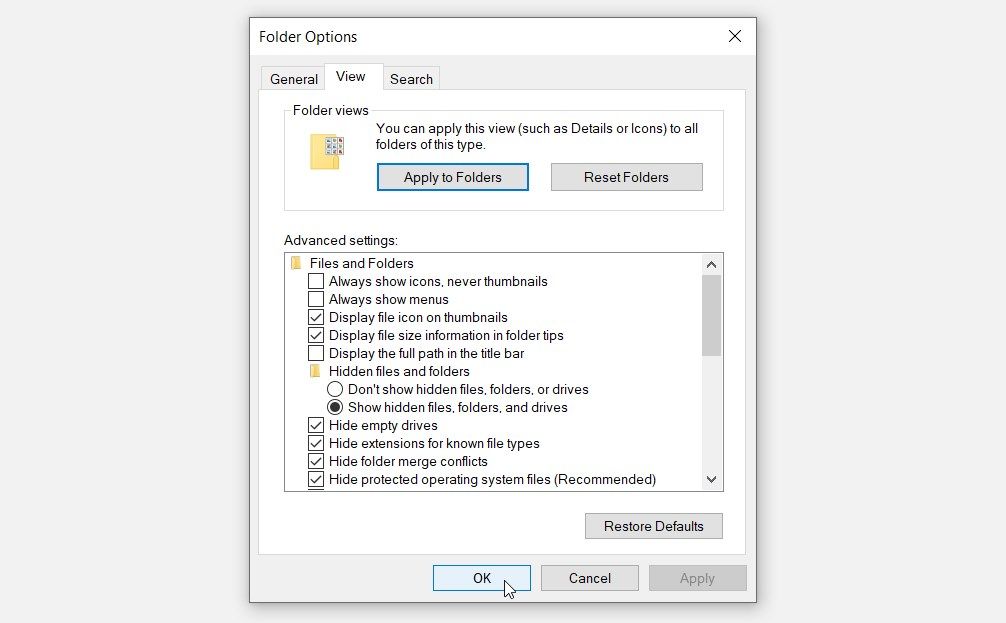 Tab “Tampilan” pada layar Opsi Folder Windows