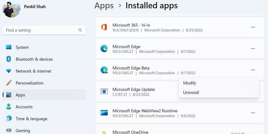 Copot pemasangan Microsoft Edge Beta Dari Aplikasi Pengaturan Windows 11