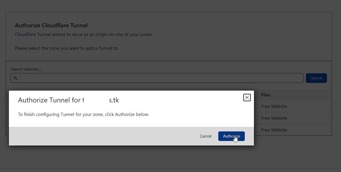 otorisasi akses terowongan cloudflare ke domain