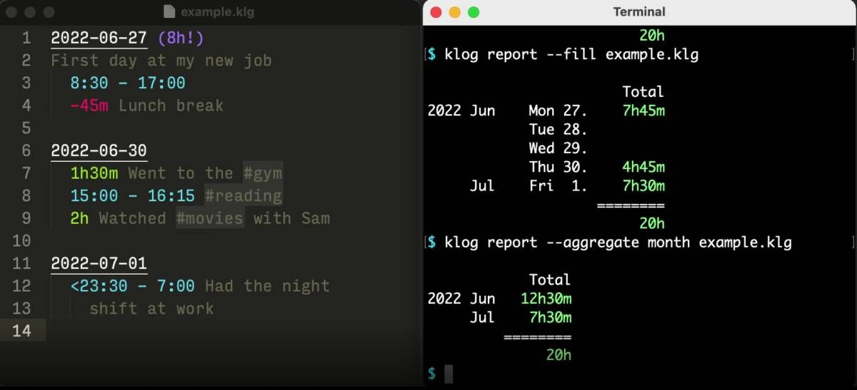 Klog memungkinkan Anda menulis di notepad sederhana untuk mencatat semua aktivitas pelacakan waktu Anda, dan menghitungnya dalam sebuah perintah-line terminal