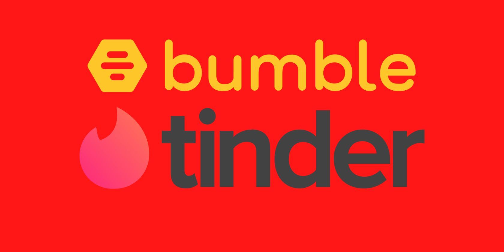 Logo Bumble dan Tinder dengan latar belakang merah