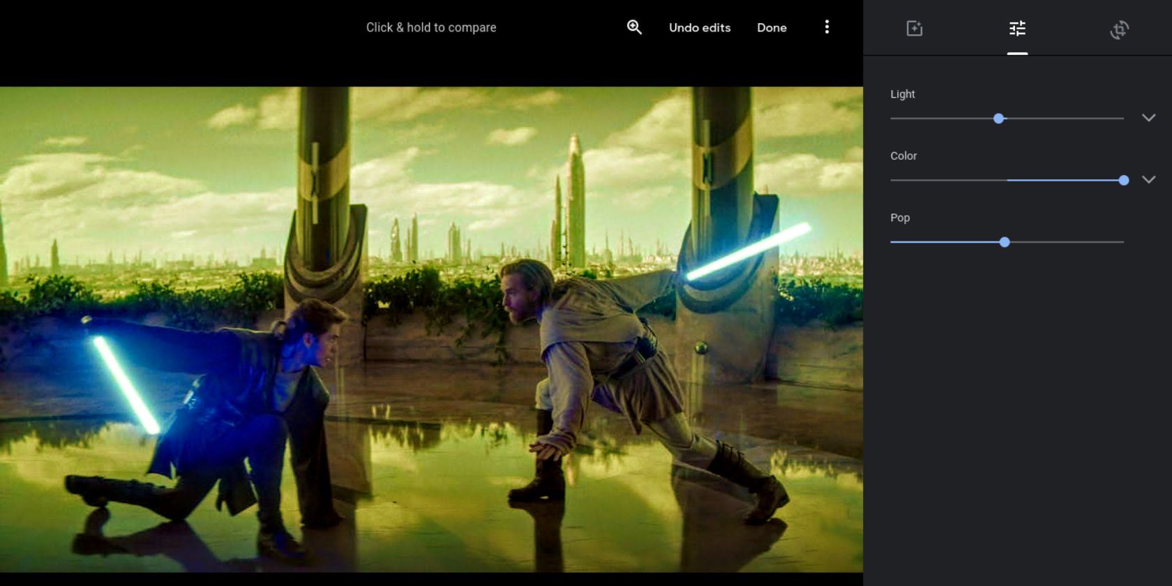 Gambar Kenobi dan Anakin sedang diedit di Google Foto