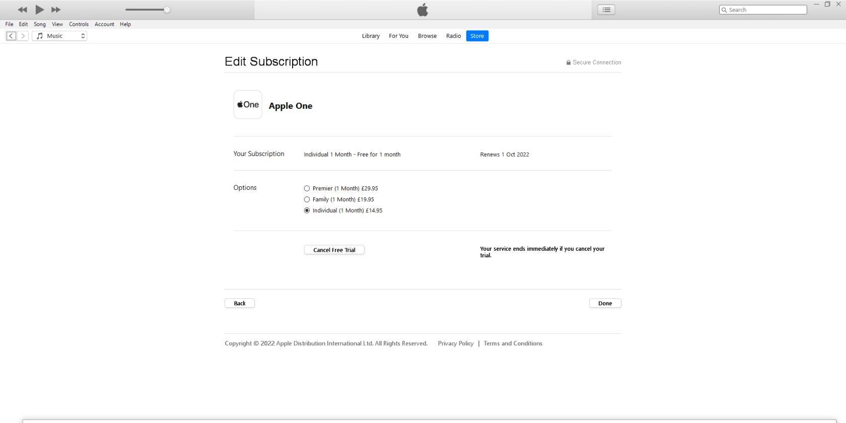 Halaman Kelola Langganan untuk Apple One di aplikasi iTunes