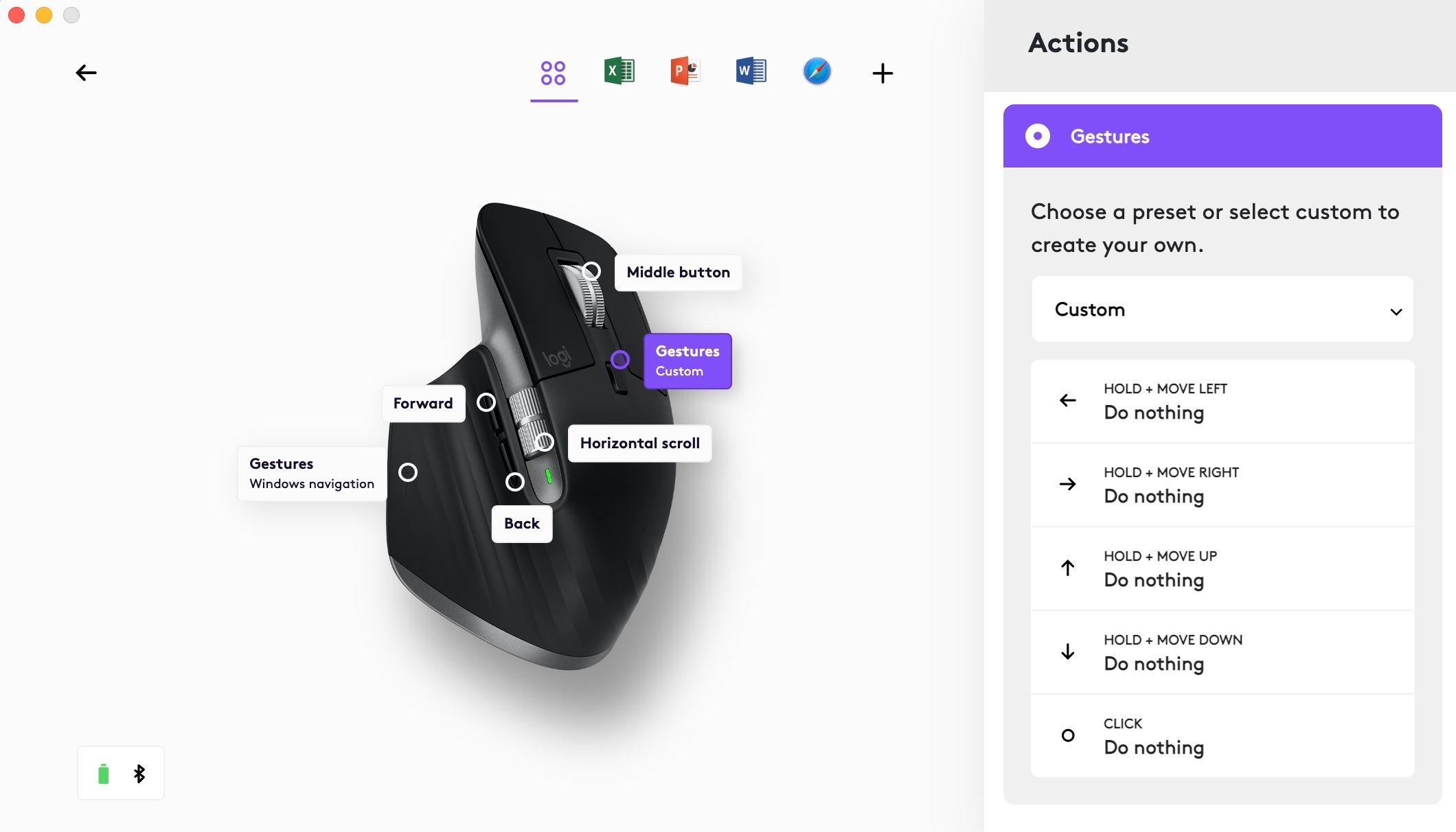 Tangkapan layar perangkat lunak Opsi Log+ yang menunjukkan opsi penyesuaian mouse.