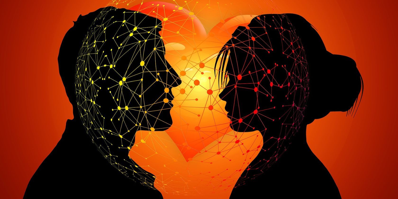Seorang pria dan wanita saling berhadapan dengan cinta di belakang mereka dikelilingi dalam jaringan data