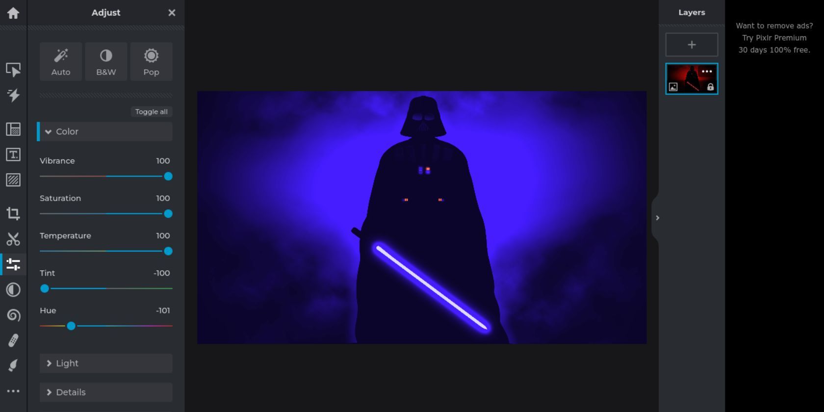 Gambar Darth Vader yang diedit pada aplikasi web pengeditan gambar Pixlr