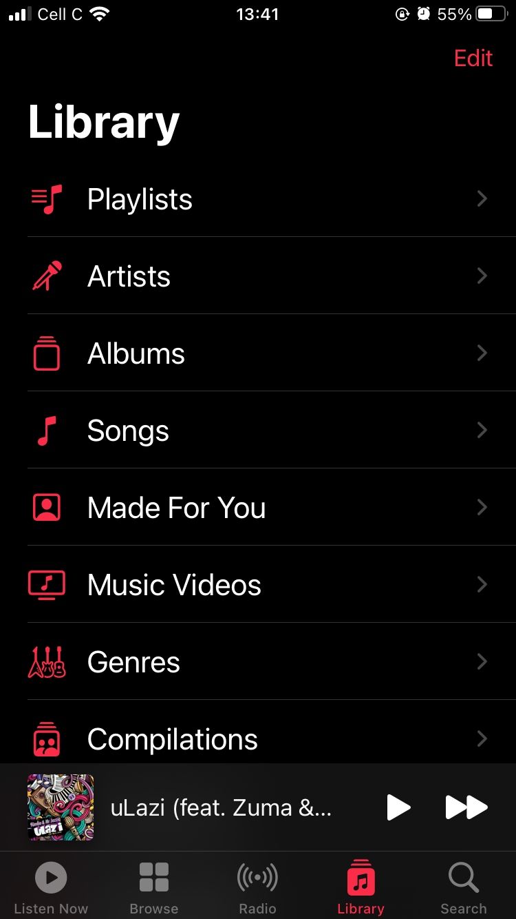 tangkapan layar tab perpustakaan di aplikasi seluler apple music