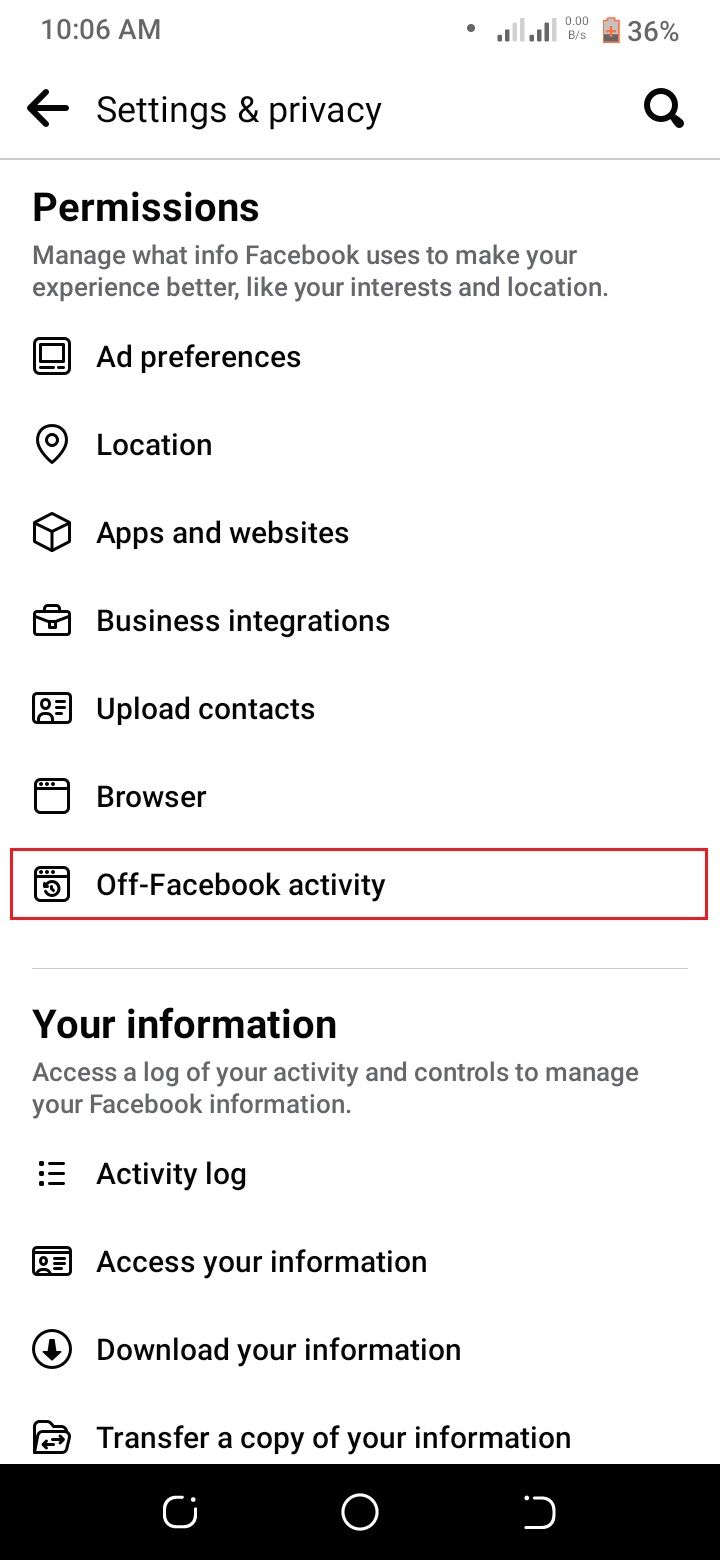 tangkapan layar menampilkan bagian izin pengaturan facebook