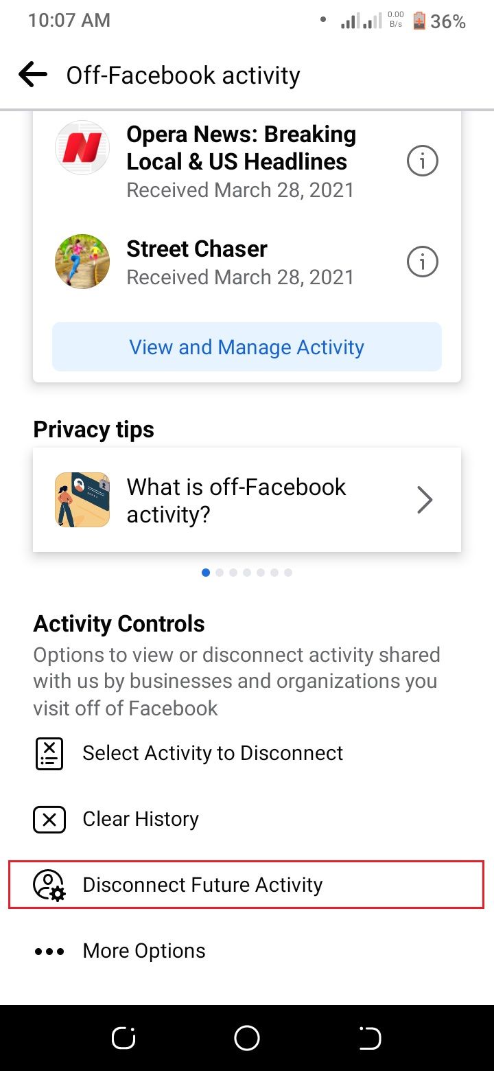 tangkapan layar menampilkan halaman aktivitas di luar facebook