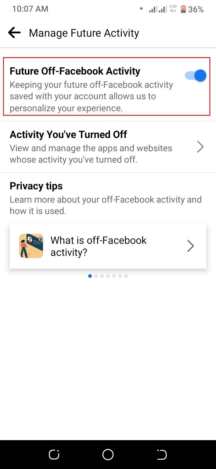 tangkapan layar menampilkan aktivitas di luar facebook toggle
