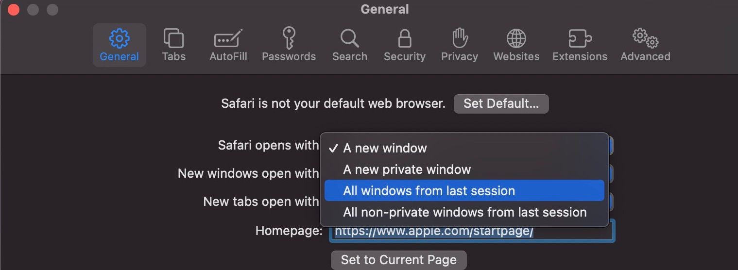 menampilkan opsi di Safari terbuka dengan menu di Mac