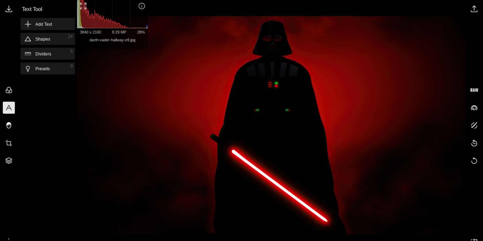 Gambar Vader pada platform pengeditan gambar Polarr