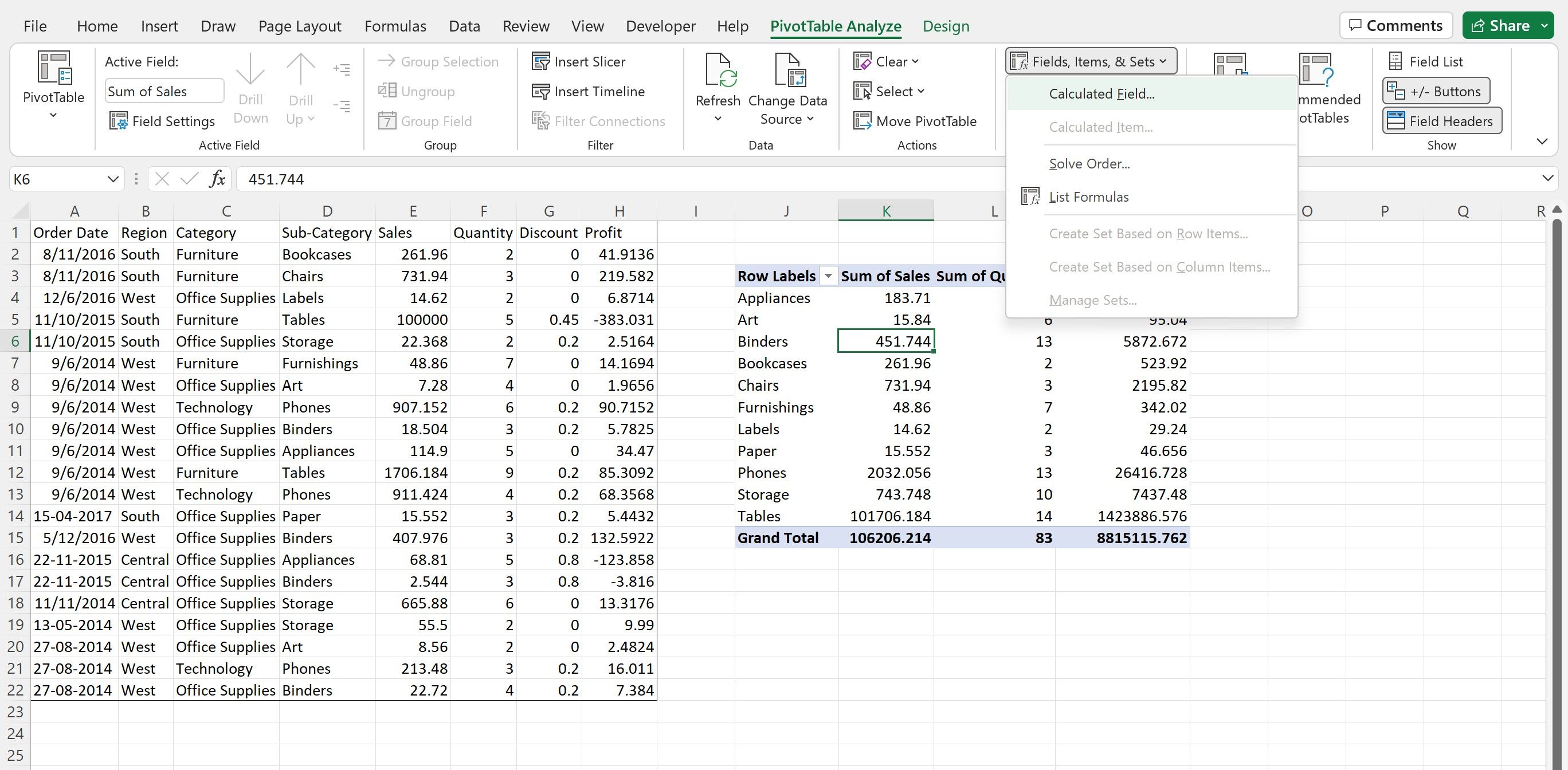 Tombol kolom, Item, & Set drop-down di Excel