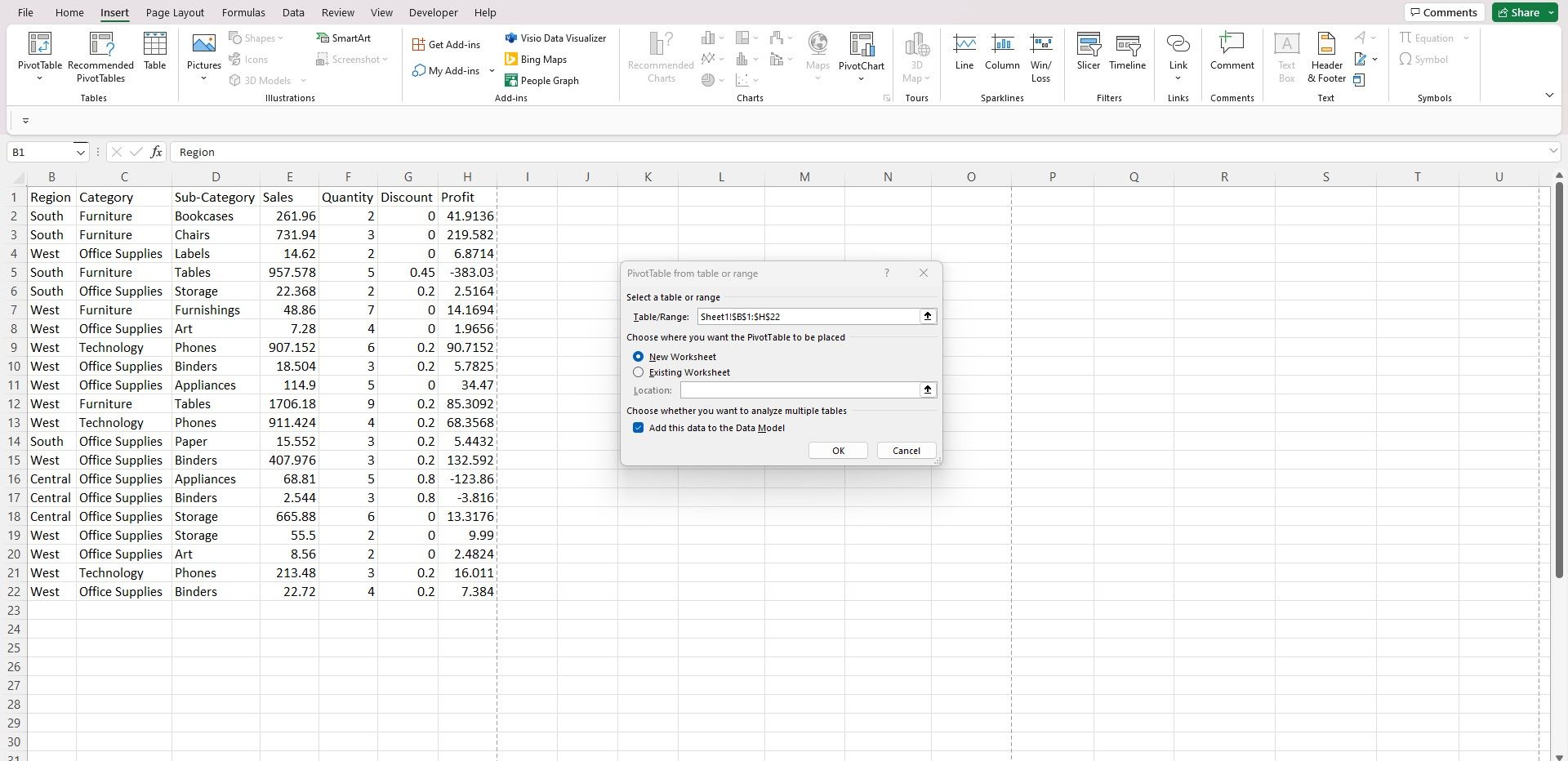 Kotak dialog tabel pivot di MS Excel