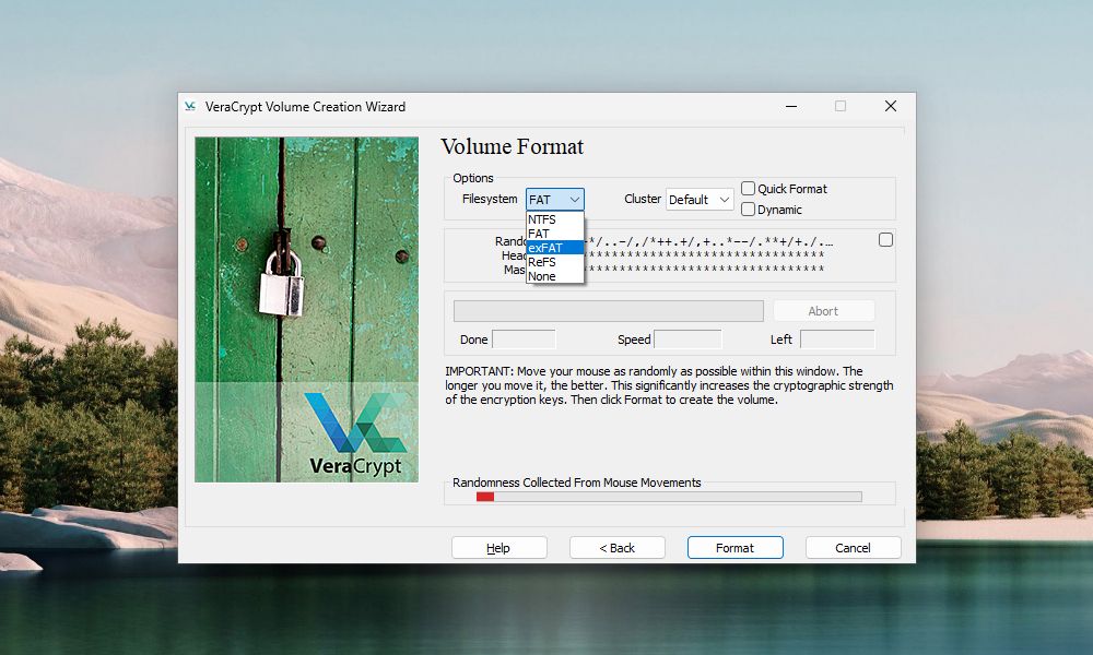 Jendela Wizard Pembuatan Volume VeraCrypt meminta untuk memilih format sistem file volume VeraCrypt