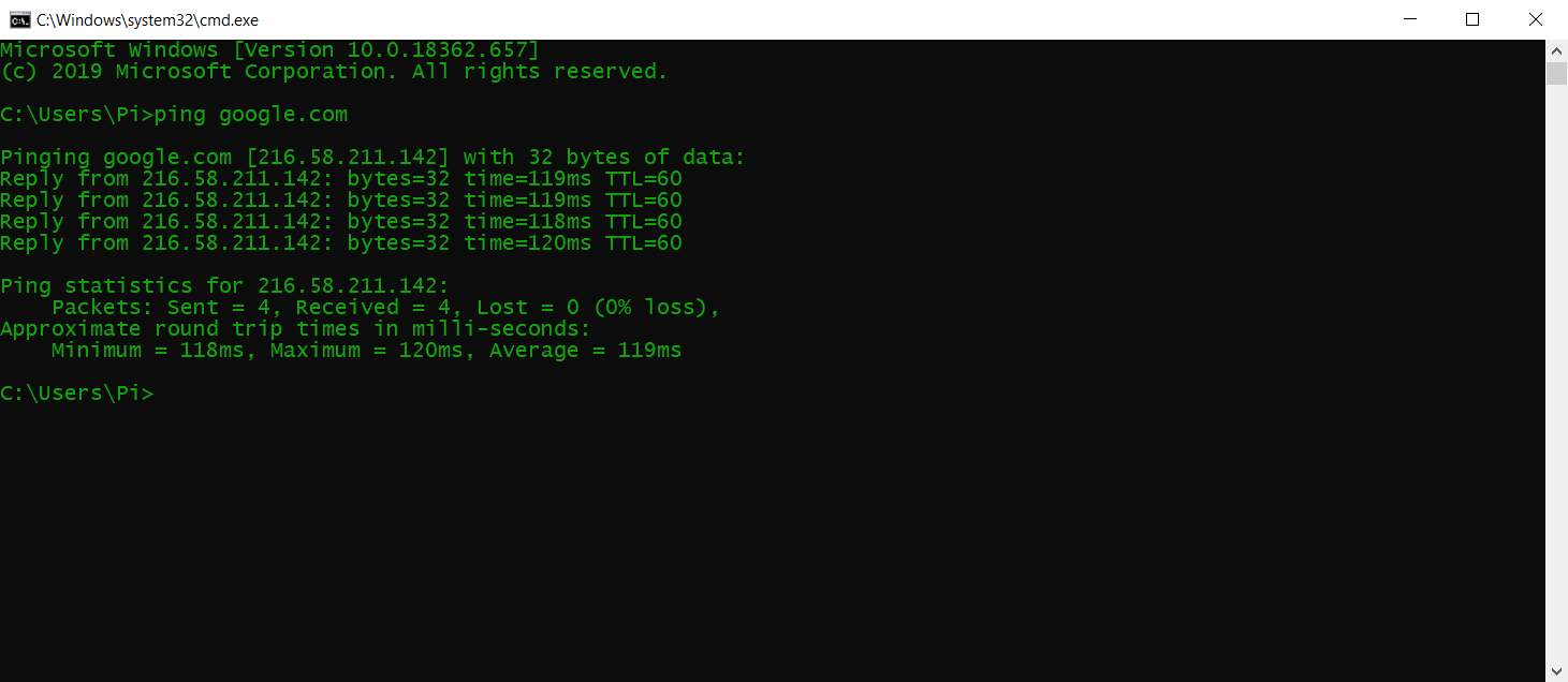 Perintah ping dijalankan di Command Prompt.