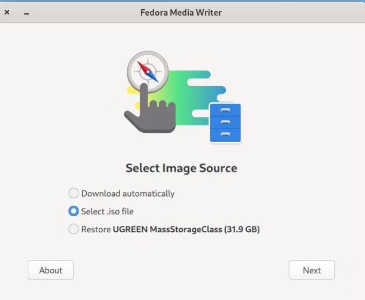 memilih file iso menggunakan penulis media fedora