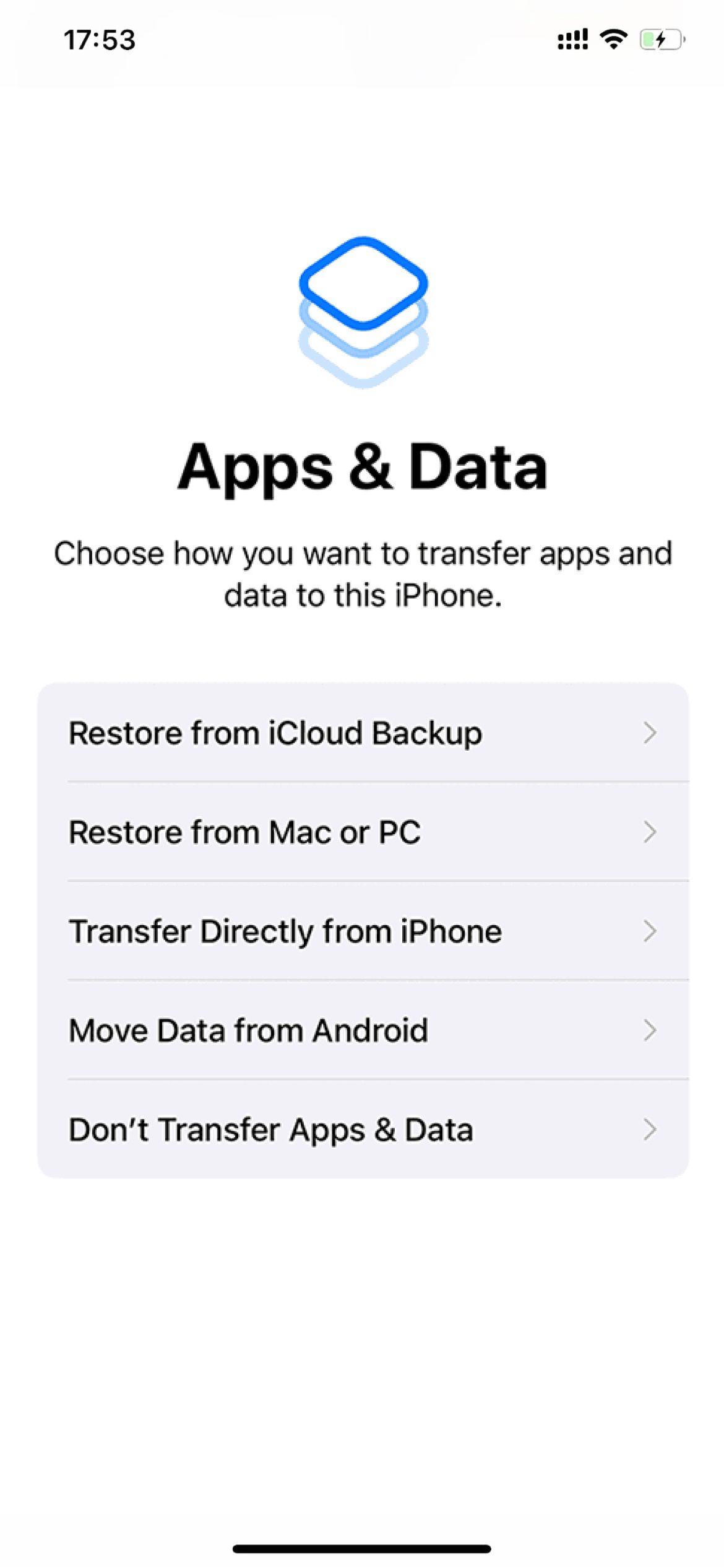 Pilih Pulihkan dari opsi Cadangan iCloud di halaman Aplikasi & Data pada pengaturan iPhone