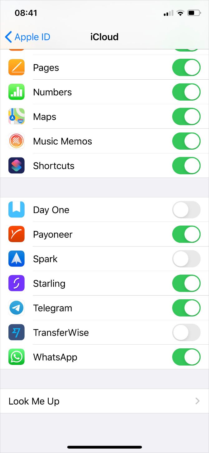 iPhone Pengaturan iCloud menampilkan status sinkronisasi aplikasi pihak ketiga