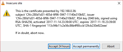 Pesan peringatan situs tidak aman di VLC