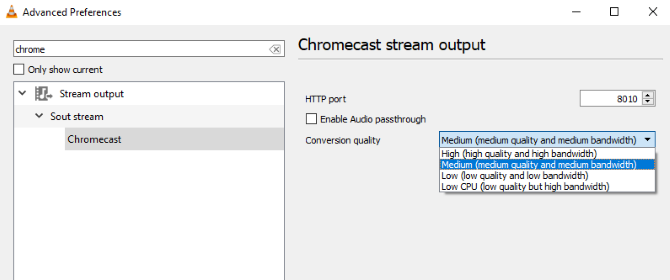 Opsi aliran chromecast di VLC