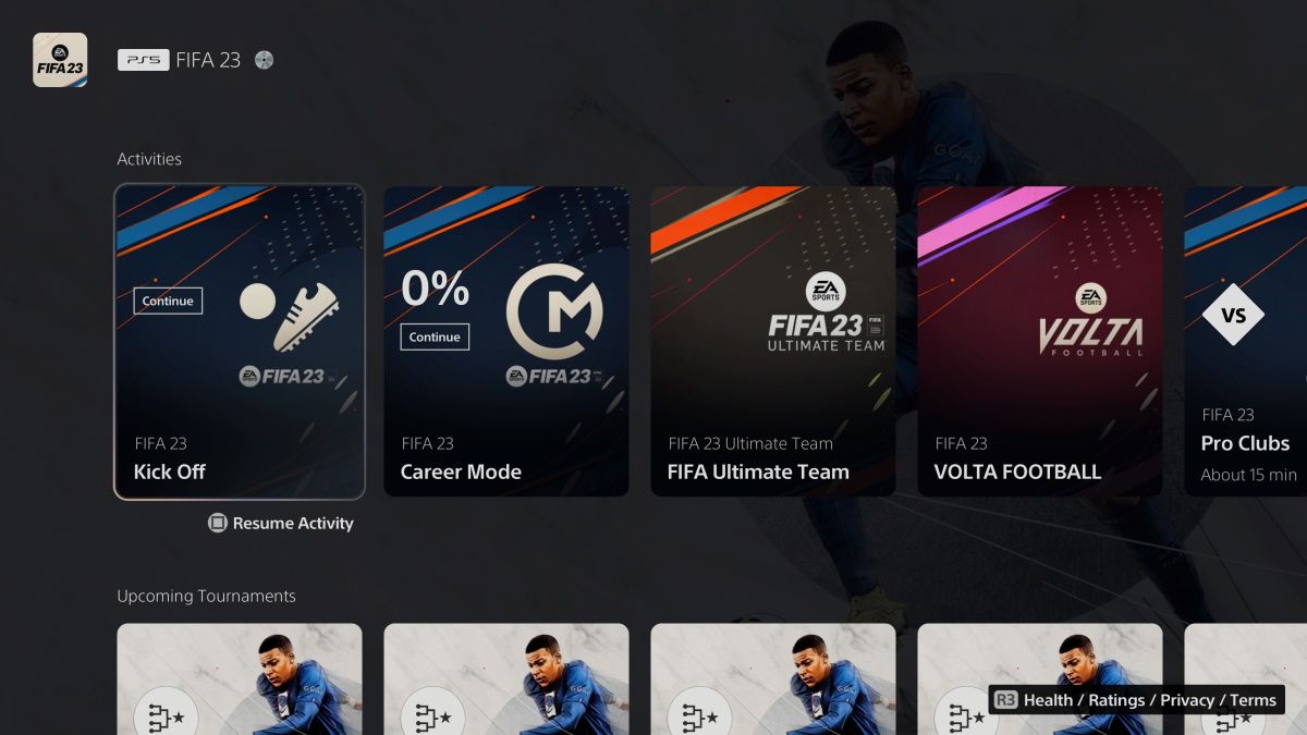 Tangkapan layar yang menunjukkan kartu aktivitas FIFA 23 di PS5