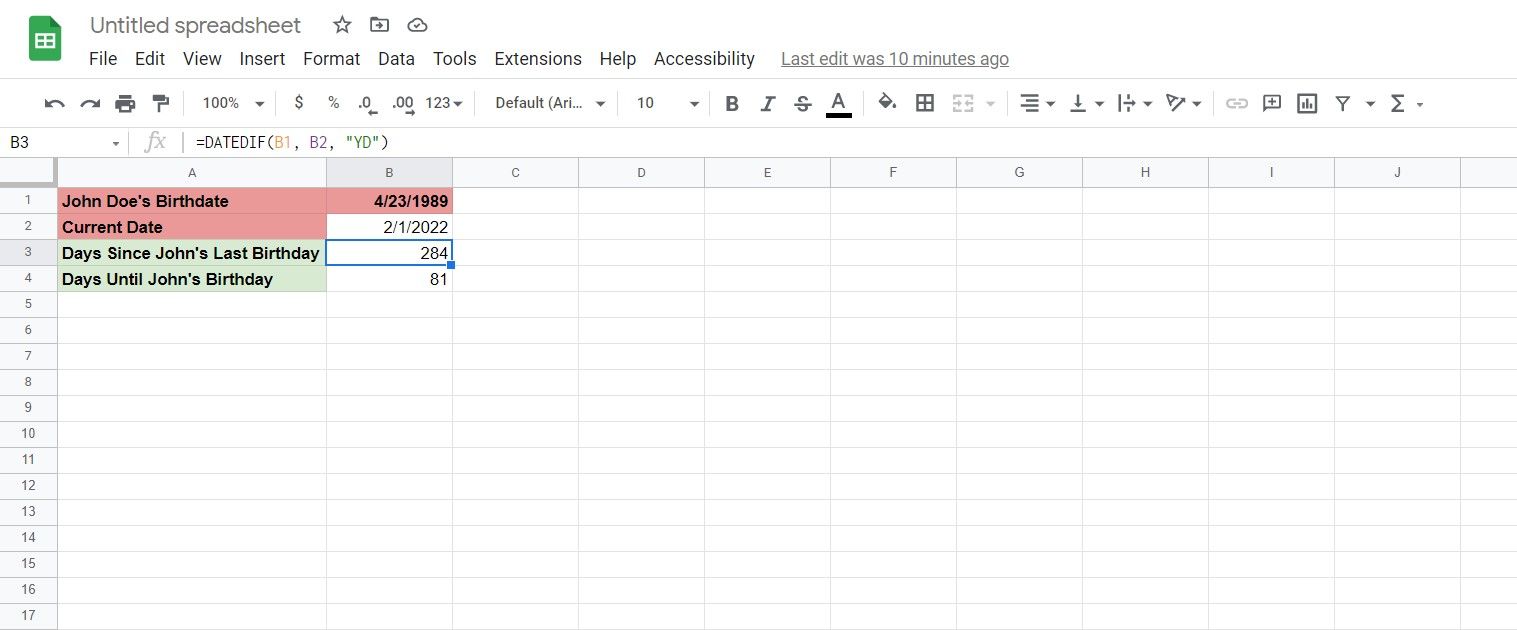 DATEDIF digunakan untuk menghitung hari sejak ulang tahun terakhir di Spreadsheet. 