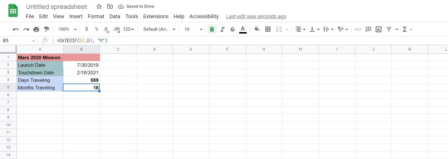 Menghitung bulan di antara dua tanggal menggunakan DATEDIF di Spreadsheet. 