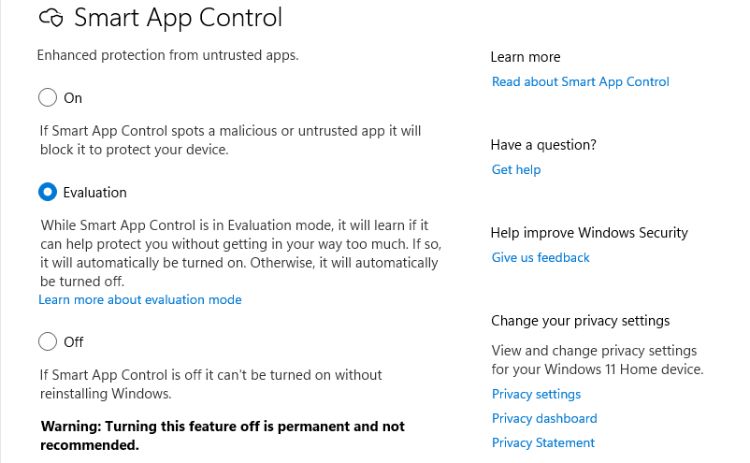 Pengaturan kontrol aplikasi pintar di Windows 11