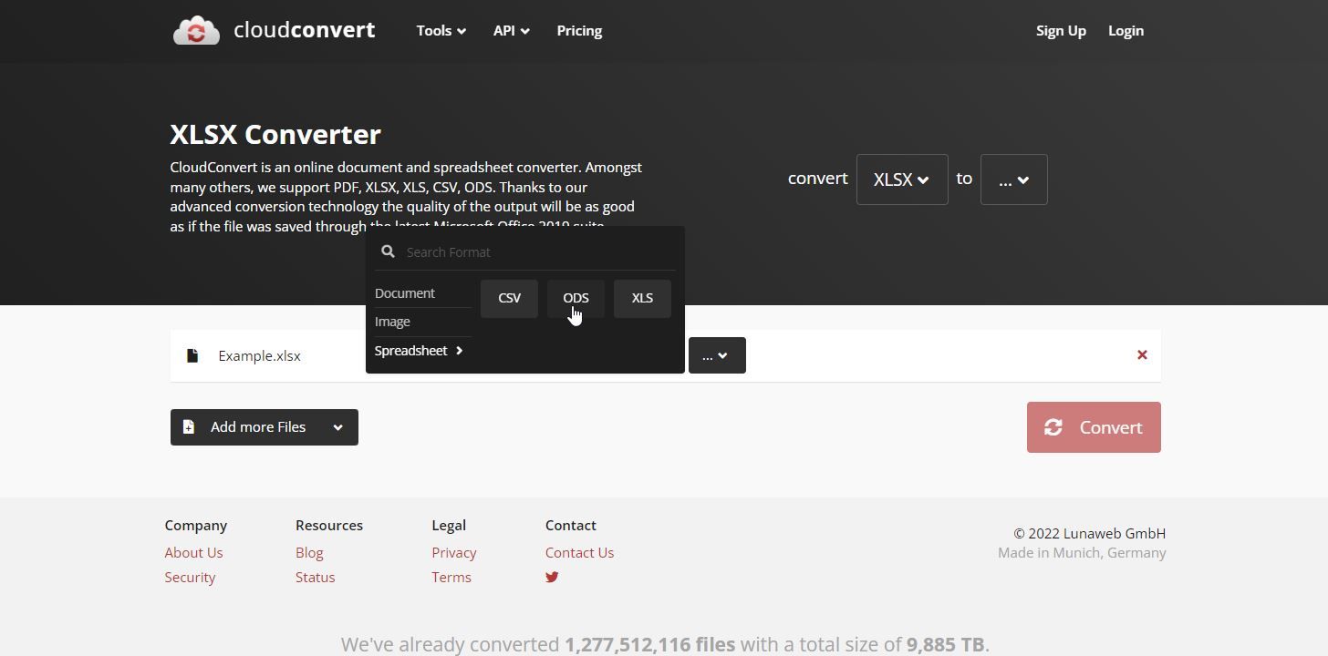 Cuplikan Layar CloudConvert Spreadsheet Converter yang Digunakan