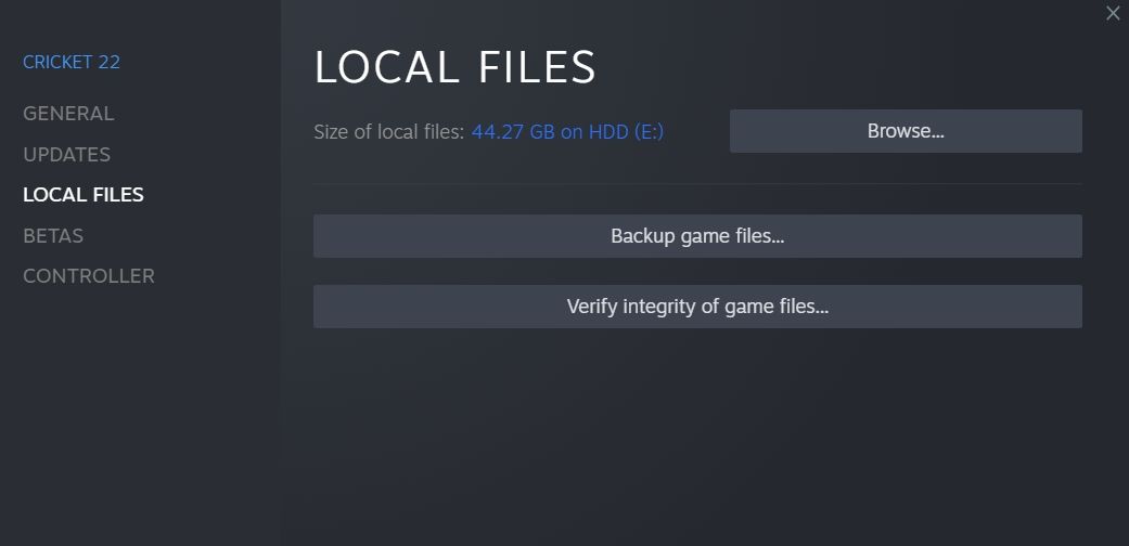 Verifikasi opsi Integritas File Game di Steam untuk game Cricket 22