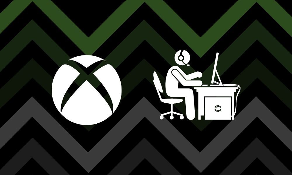 Logo Xbox dan orang yang menggunakan komputer dengan headset dengan latar belakang zig zag