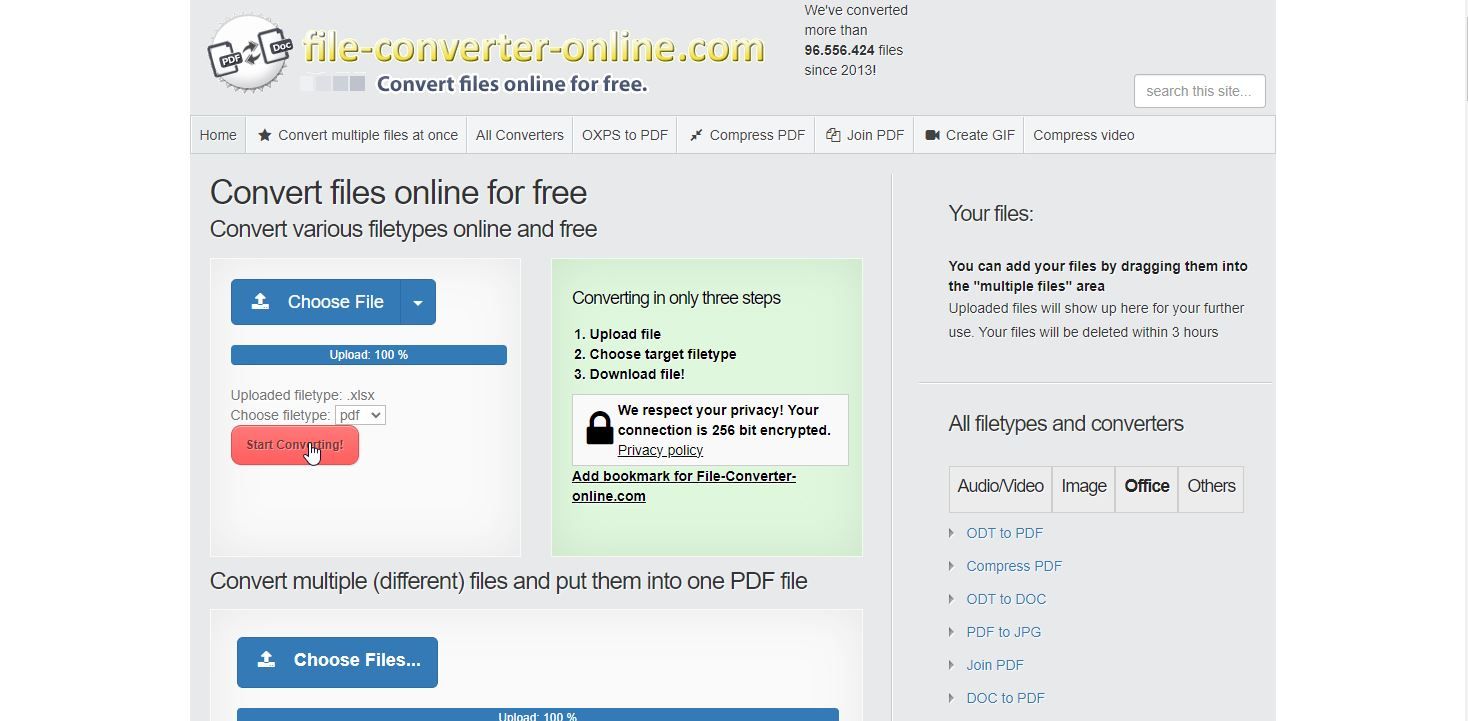 Tangkapan layar dari file-converter-online com yang digunakan